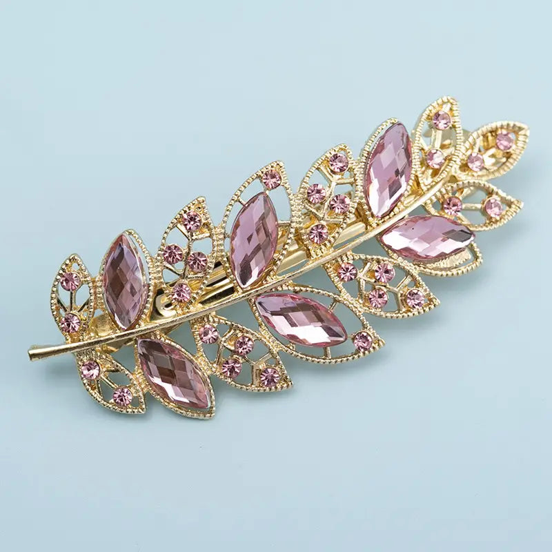 Hair Clip Glitter Barrette Rhinestone Leaf (Purple)