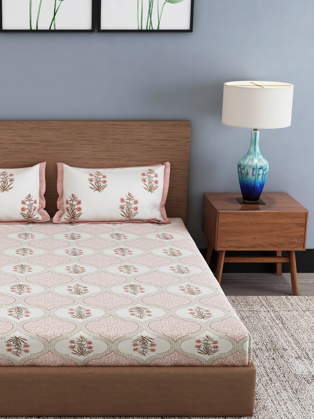 Cream-Coloured & Pink Floral Cotton King Bedsheet with 2 Pillow Covers