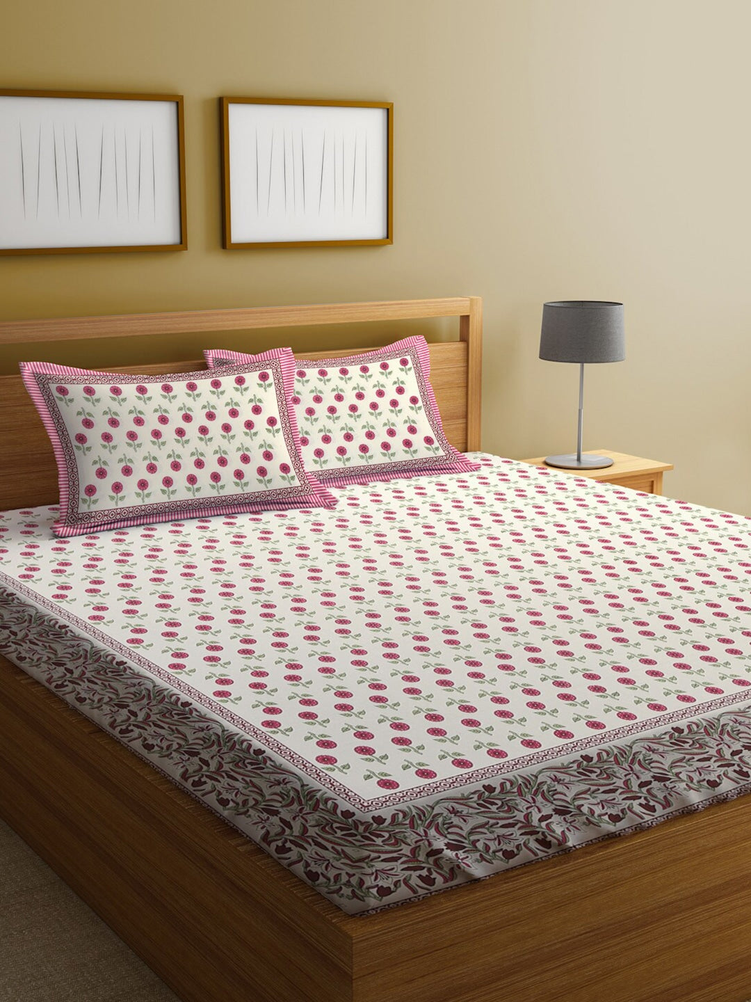 White & Pink Ethnic Motifs King Bedsheet with 2 Pillow Covers