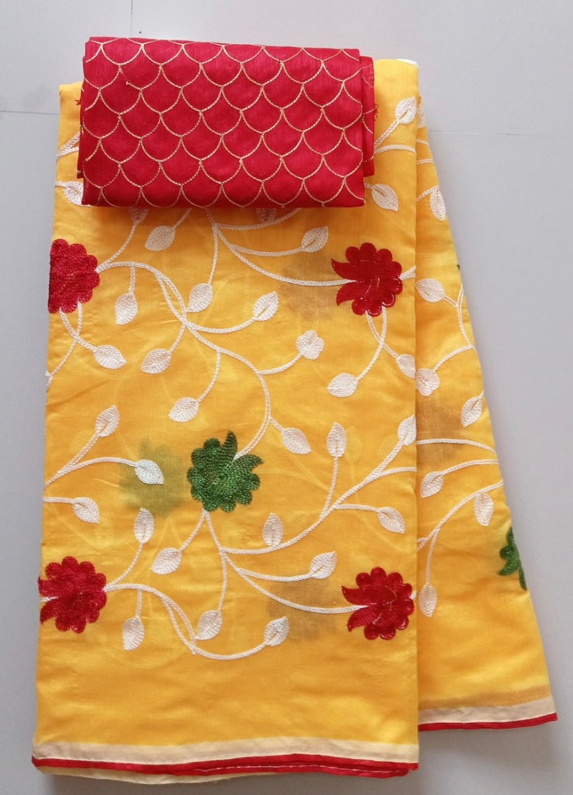 Saree - Yellow and red saree with thread work