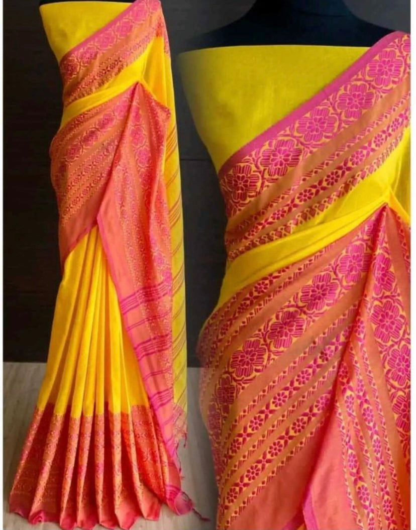 Saree - Yellow and red mixed cotton saree