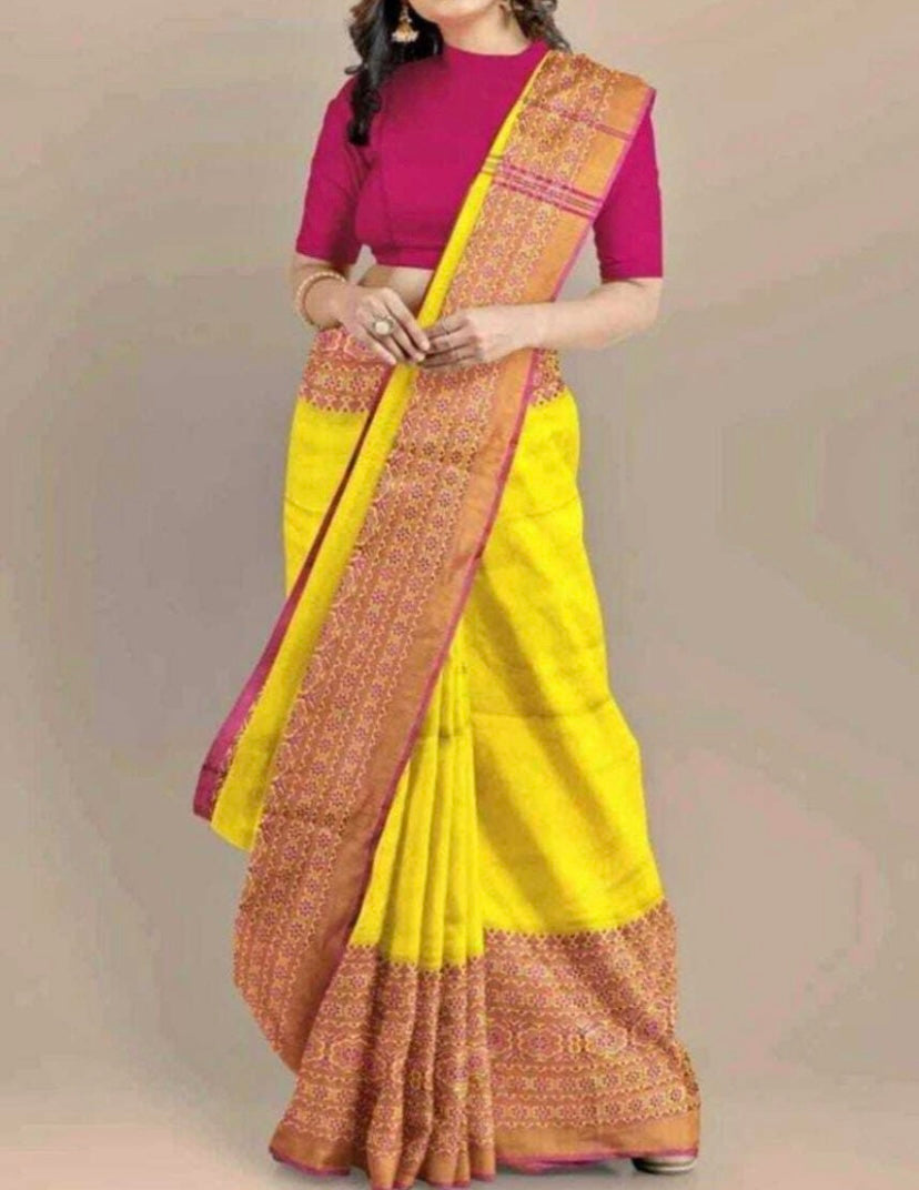 Saree - Yellow and red mixed cotton saree
