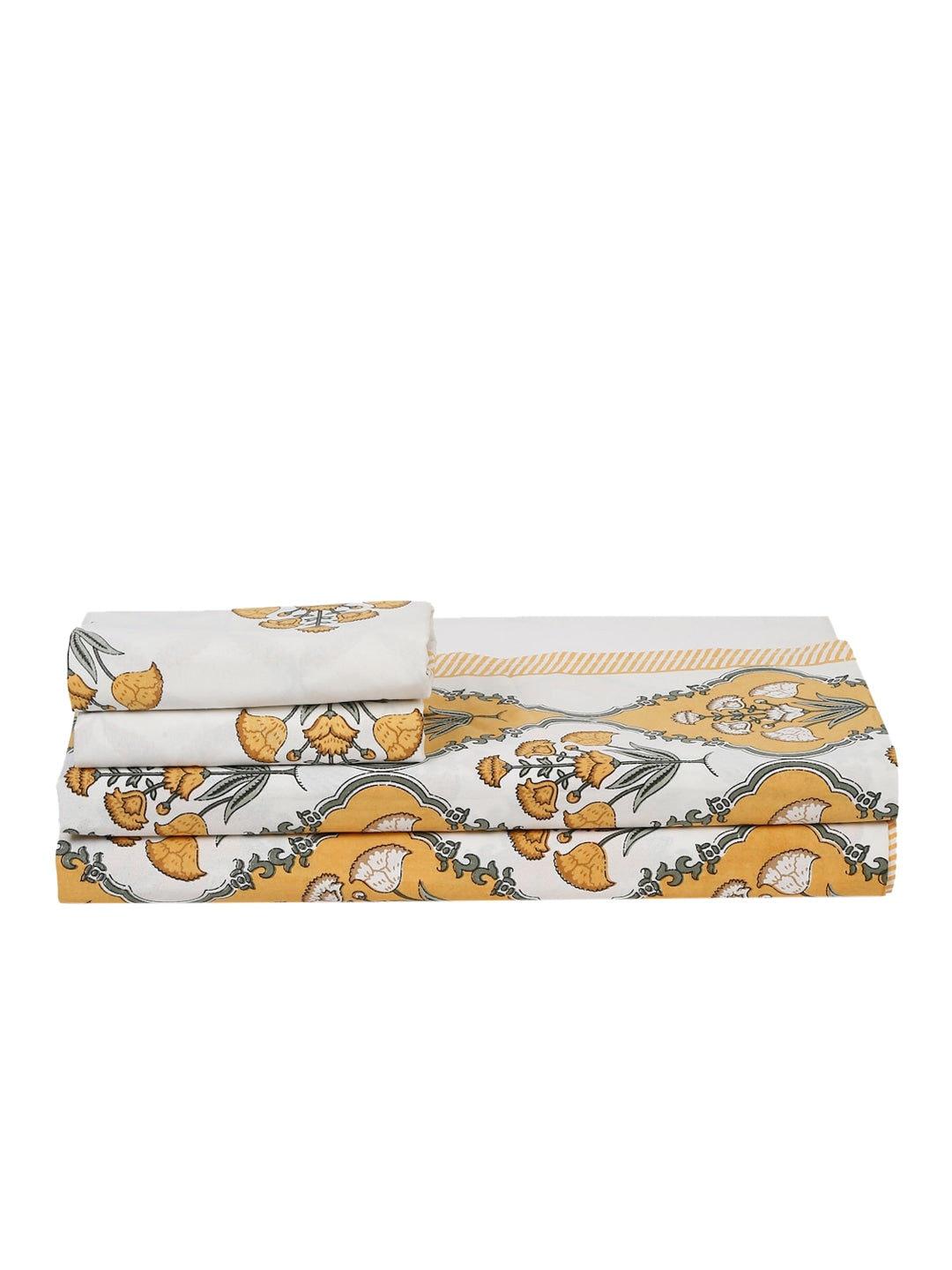 White & Yellow Floral King Bedsheet with 2 Pillow Covers