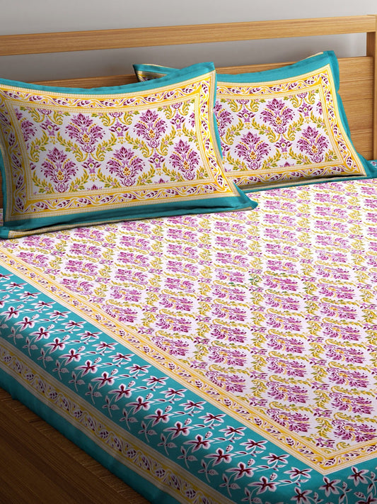 Green & Purple Floral King Bedsheet with 2 Pillow Covers