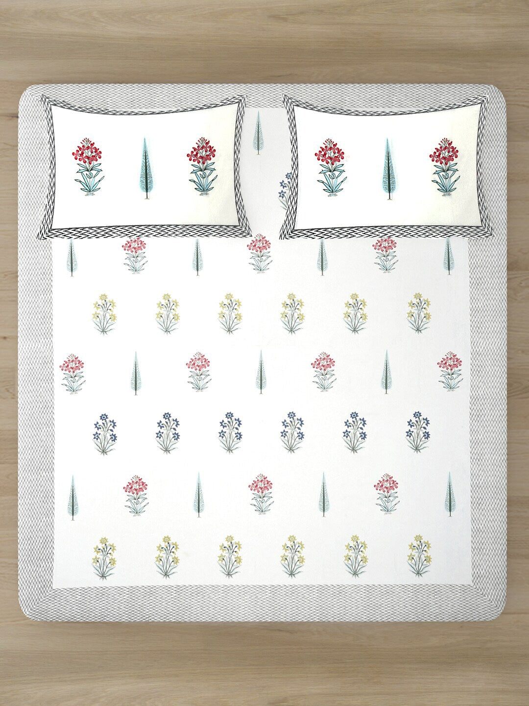 White & Grey Floral Pure Cotton King Bedsheet With 2 Pillow Covers