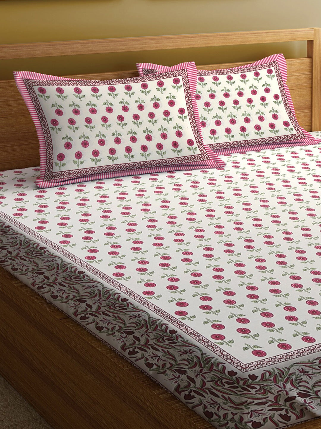 White & Pink Ethnic Motifs King Bedsheet with 2 Pillow Covers