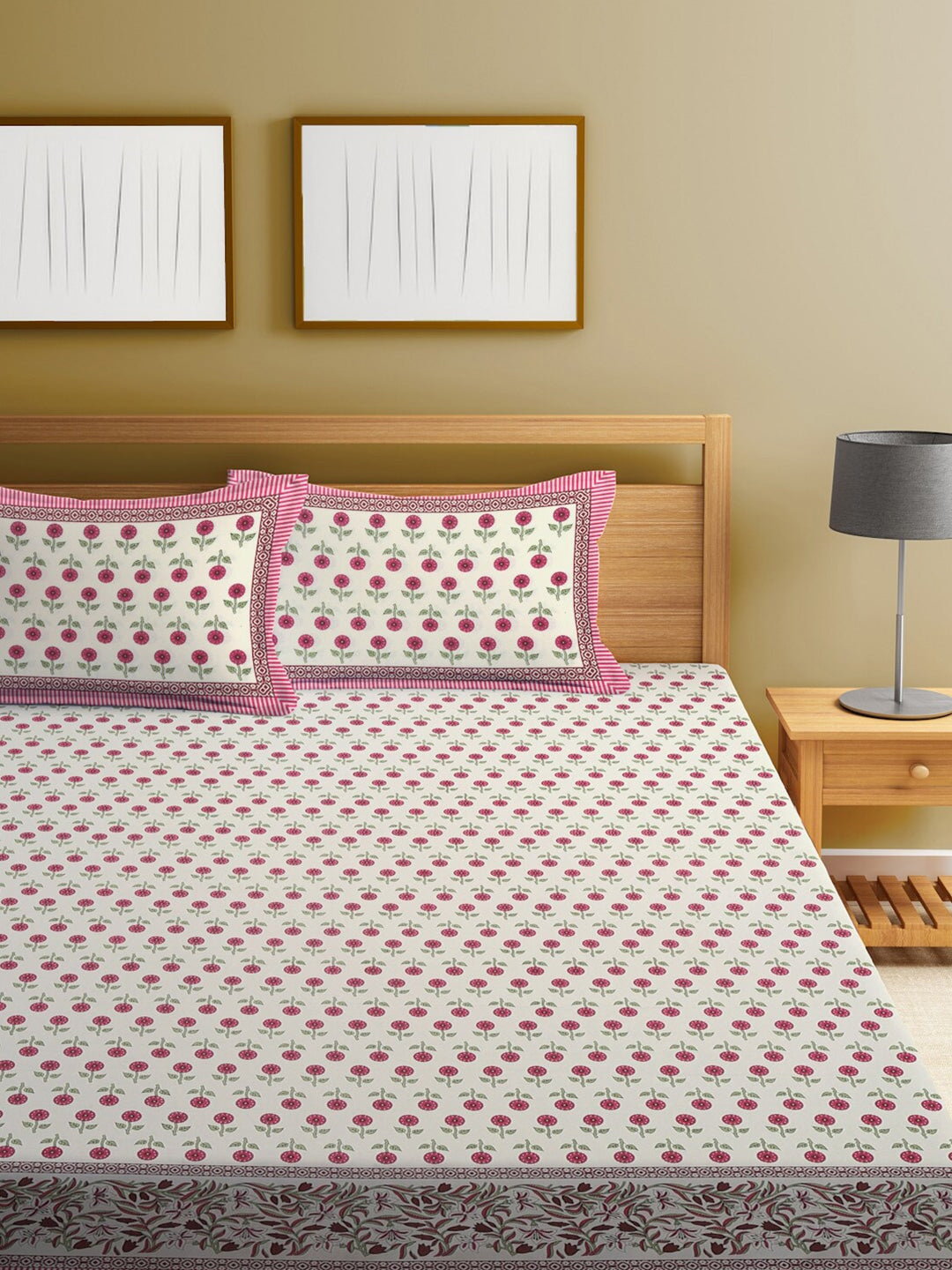 White & Pink Ethnic Motifs King Bedsheet with 2 Pillow Covers