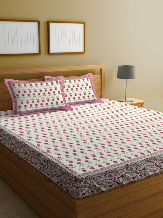 White & Pink Ethnic Motifs King Bedsheet with 2 Pillow Covers