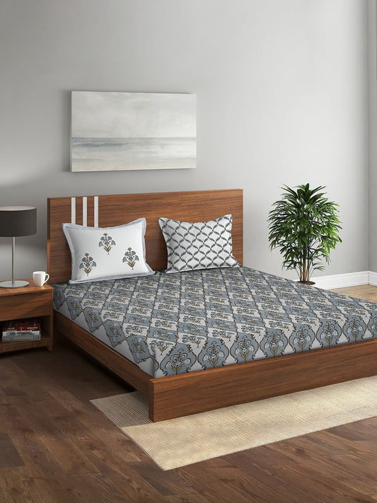 White & Grey Floral King Bedsheet with 2 Pillow Covers