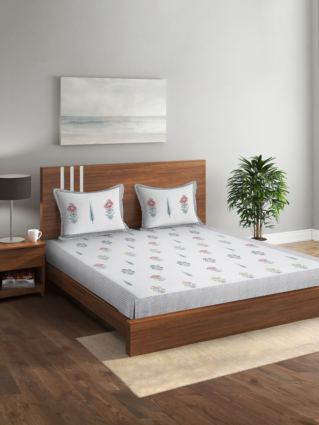 White & Grey Floral Pure Cotton King Bedsheet With 2 Pillow Covers