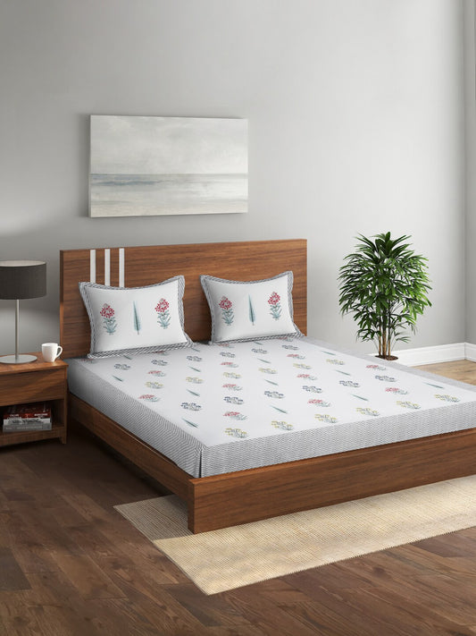 White & Grey Floral Pure Cotton King Bedsheet With 2 Pillow Covers