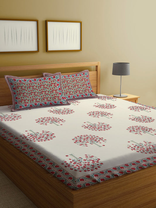 Cream-Coloured Ethnic Motifs Cotton King Bedsheet & 2 Pillow Covers