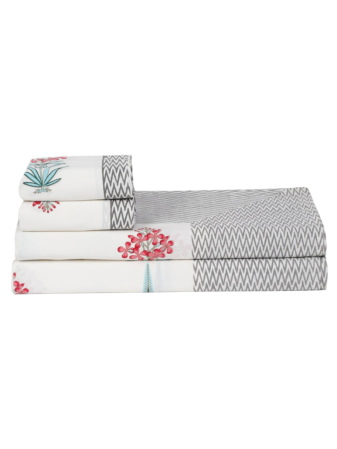 White & Grey Floral Pure Cotton King Bedsheet With 2 Pillow Covers