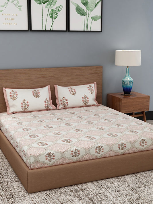 Cream-Coloured & Pink Floral Cotton King Bedsheet with 2 Pillow Covers