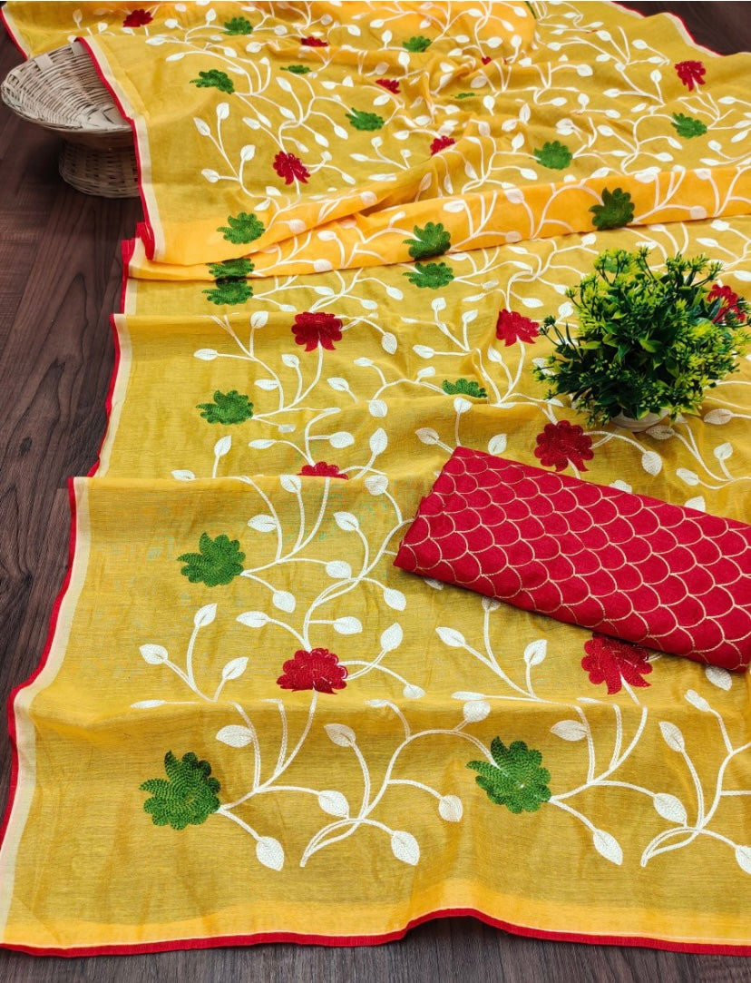 Saree - Yellow and red saree with thread work