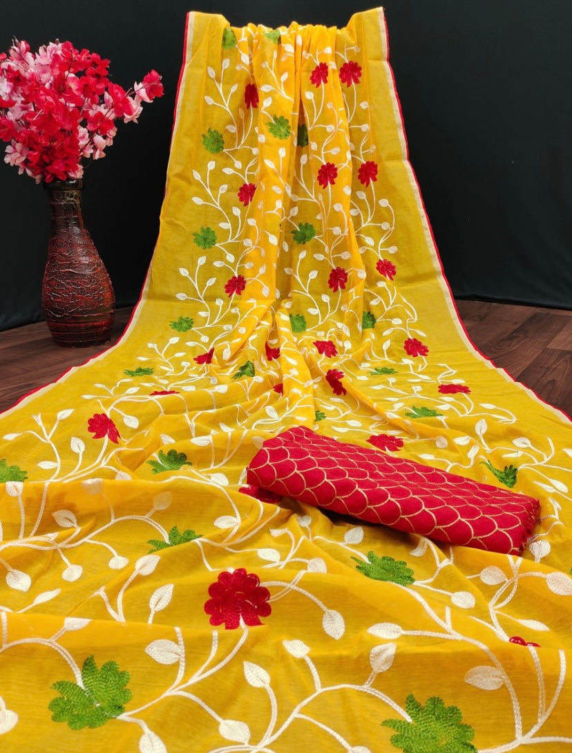 Saree - Yellow and red saree with thread work