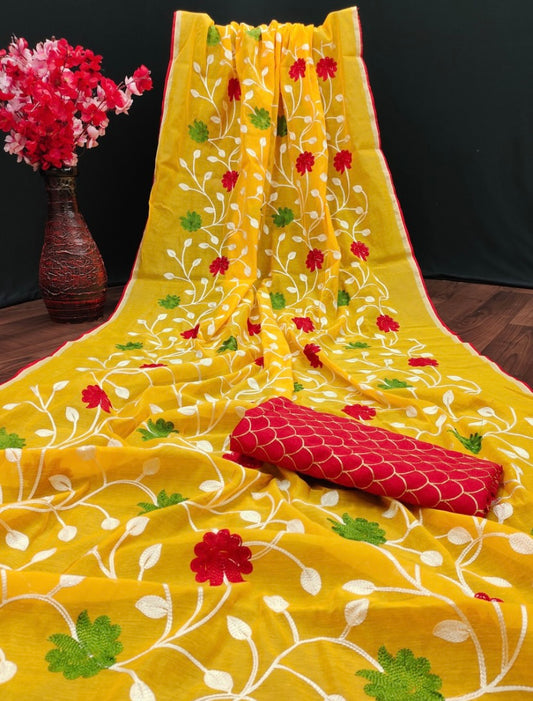 Saree - Yellow and red saree with thread work