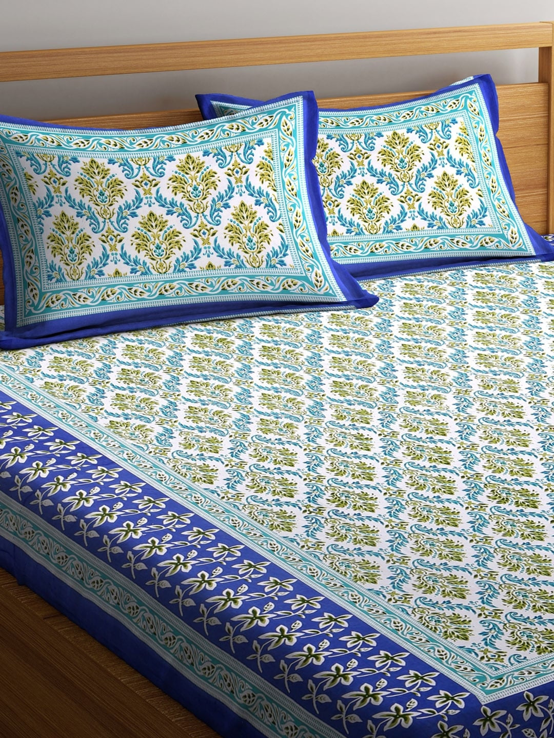 Green & White Floral Flat Cotton 1 King Bedsheet with 2 Pillow Covers