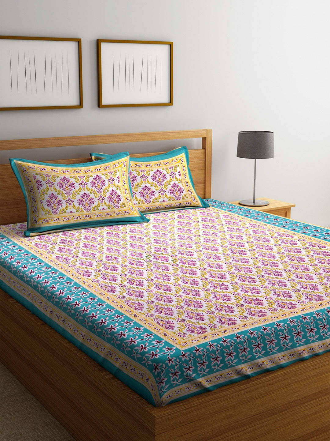 Green & Purple Floral King Bedsheet with 2 Pillow Covers